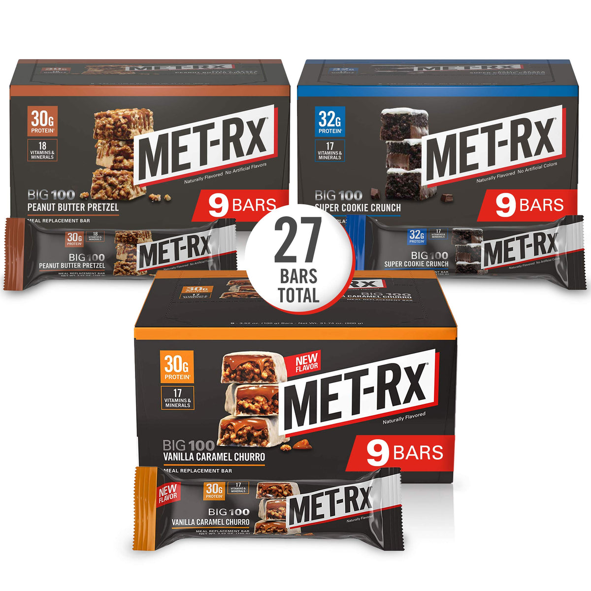 MET-Rx Big 100 Protein Bar, Super Cookie Crunch, 32g Protein, 9 Ct | Great as Healthy Meal Replacement, Snack, and Help Support Energy, With Vitamin A, Vitamin C, and Zinc
