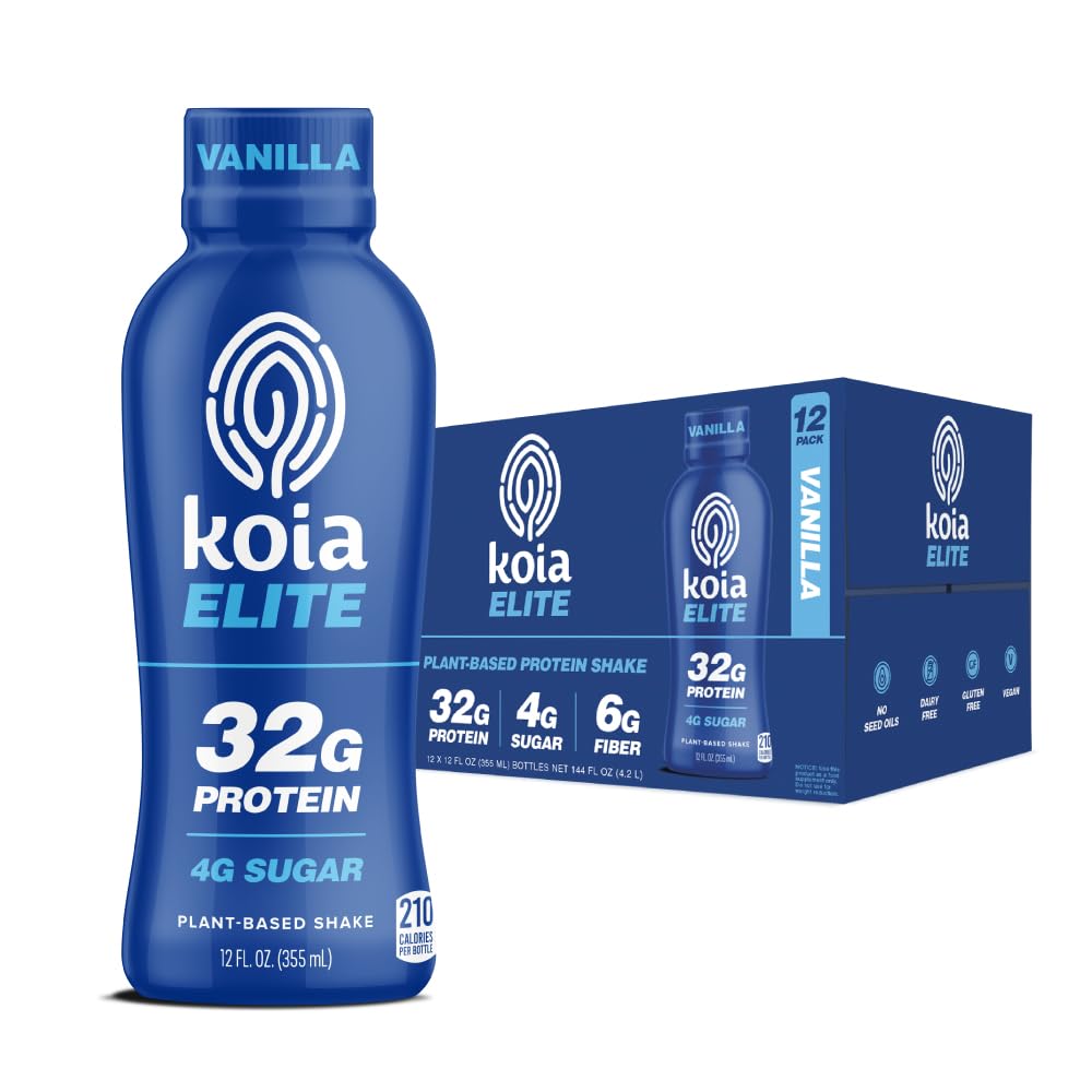 Koia Elite Plant Based Protein Shake, Chocolate, 32g Protein, 4g Sugar, 6g Prebiotic Fiber, Pre & Post Workout Nutritional Drink, No Seed Oils, Dairy-Free, Gluten-Free, Non-GMO, 12 Fl Oz (Pack of 12)
