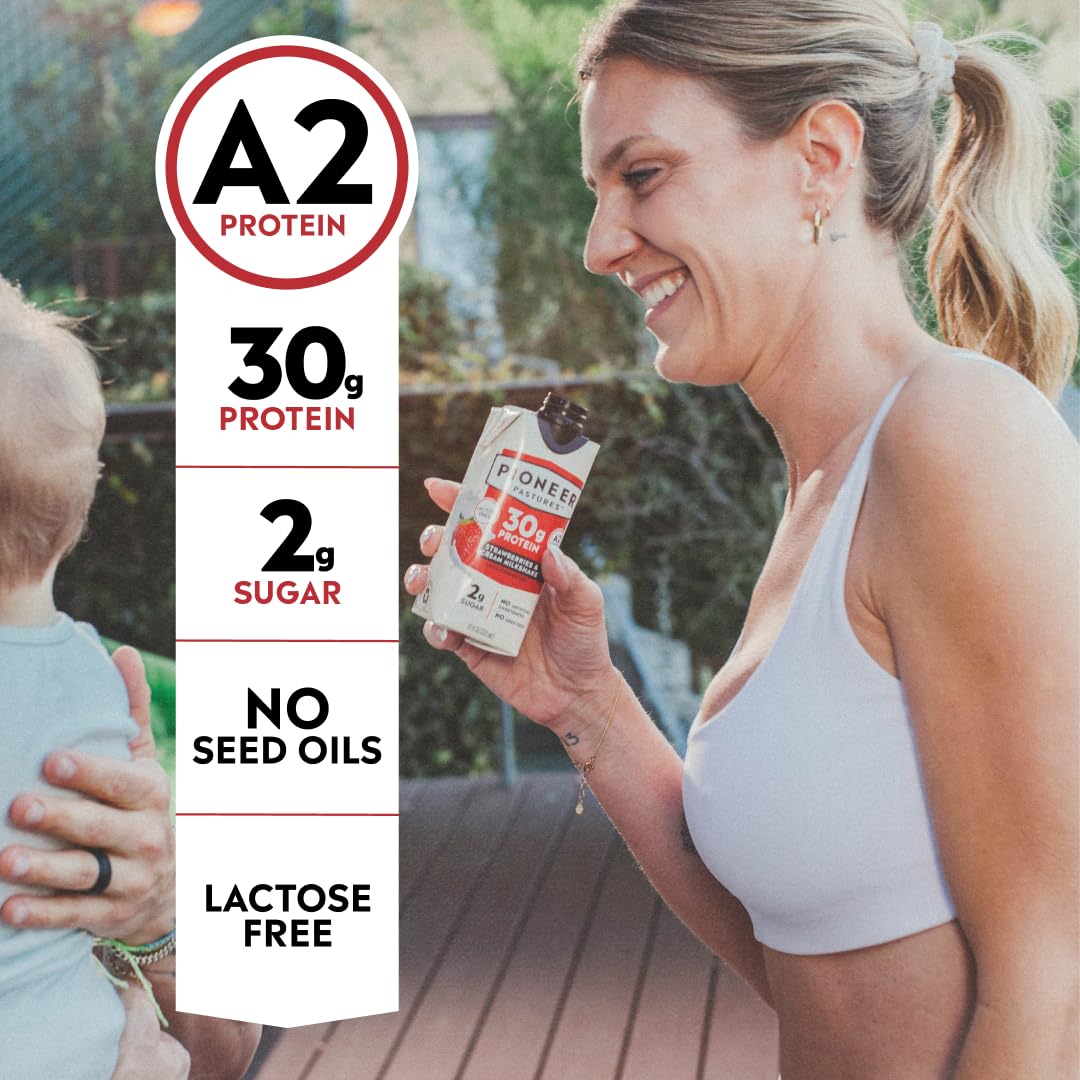 Pioneer Pastures Protein A2 Milkshakes, Strawberries & Cream, 11oz, 12 Pack | A2 Protein Shake, 30g Protein, Ultra-Filtered, Lactose Free, 2g Sugar, No Seed Oils, No Artificial Sweeteners