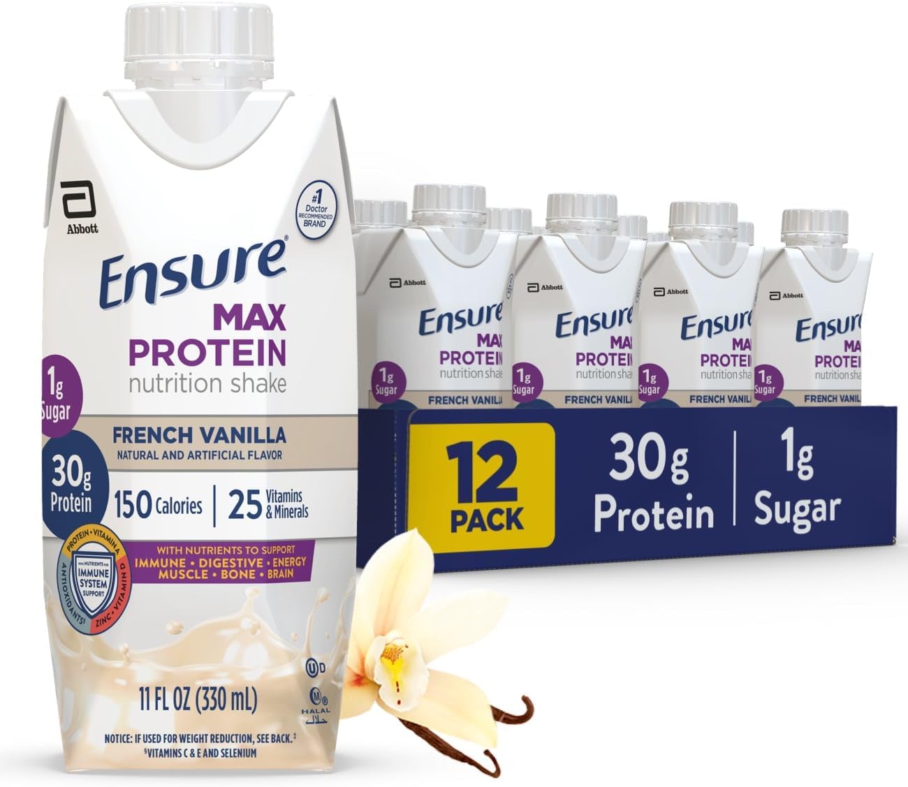 Ensure Max Protein French Vanilla Shake, 30g High Protein, 12 Pack | 30g Protein to Support Muscle Health & Manage Hunger for Adults, Each Protein Shake has 1g Sugar, 150 Calories, 4g Fiber