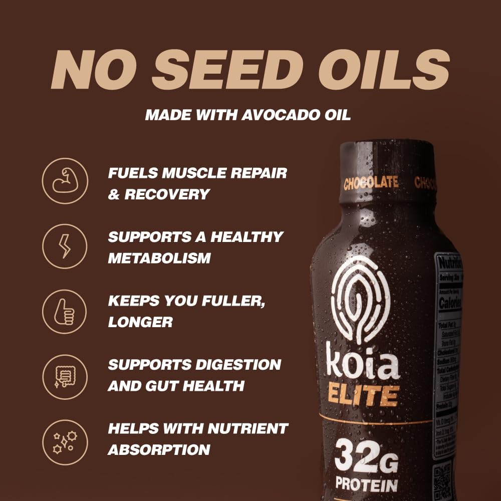 Koia Elite Plant Based Protein Shake, Chocolate, 32g Protein, 4g Sugar, 6g Prebiotic Fiber, Pre & Post Workout Nutritional Drink, No Seed Oils, Dairy-Free, Gluten-Free, Non-GMO, 12 Fl Oz (Pack of 12)