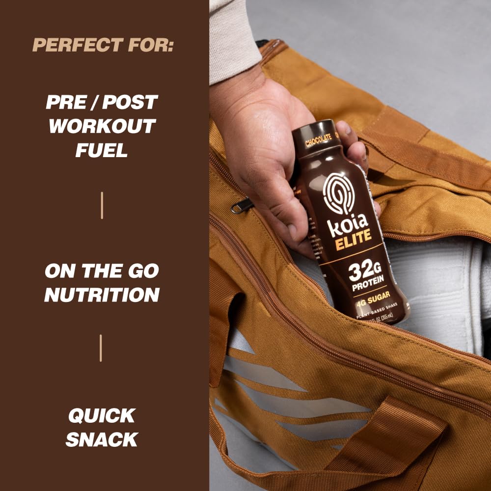Koia Elite Plant Based Protein Shake, Chocolate, 32g Protein, 4g Sugar, 6g Prebiotic Fiber, Pre & Post Workout Nutritional Drink, No Seed Oils, Dairy-Free, Gluten-Free, Non-GMO, 12 Fl Oz (Pack of 12)