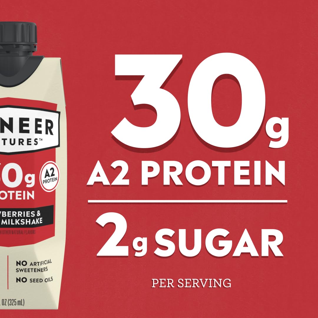 Pioneer Pastures Protein A2 Milkshakes, Strawberries & Cream, 11oz, 12 Pack | A2 Protein Shake, 30g Protein, Ultra-Filtered, Lactose Free, 2g Sugar, No Seed Oils, No Artificial Sweeteners
