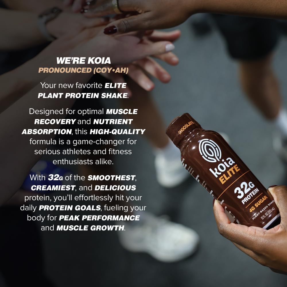 Koia Elite Plant Based Protein Shake, Chocolate, 32g Protein, 4g Sugar, 6g Prebiotic Fiber, Pre & Post Workout Nutritional Drink, No Seed Oils, Dairy-Free, Gluten-Free, Non-GMO, 12 Fl Oz (Pack of 12)