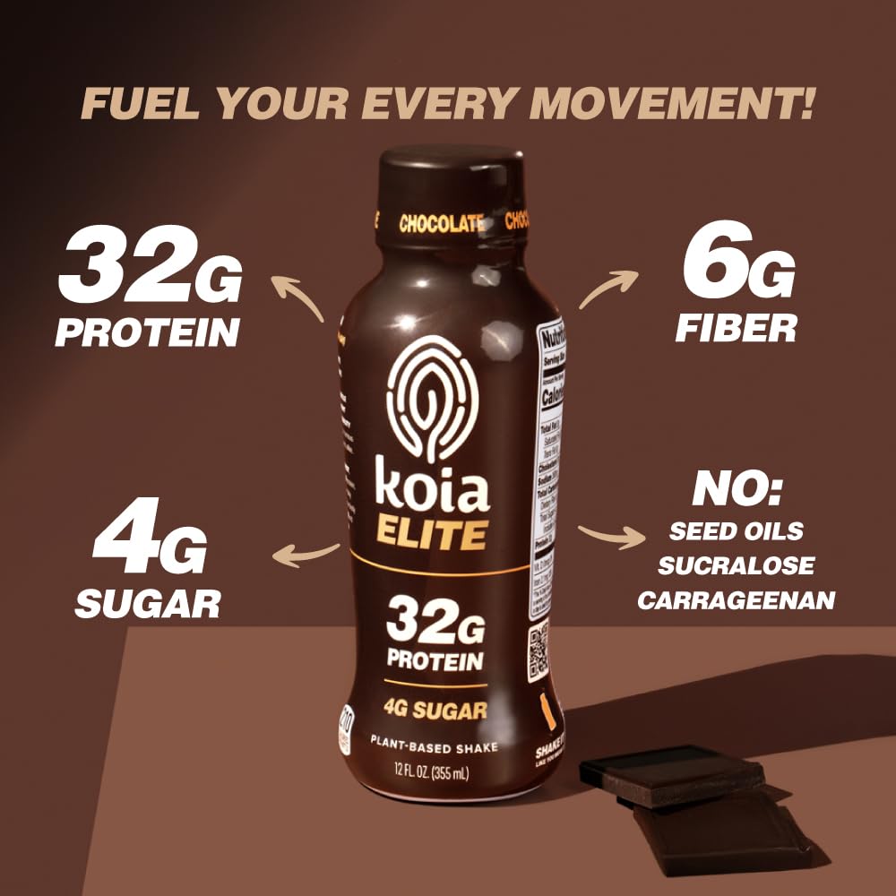 Koia Elite Plant Based Protein Shake, Chocolate, 32g Protein, 4g Sugar, 6g Prebiotic Fiber, Pre & Post Workout Nutritional Drink, No Seed Oils, Dairy-Free, Gluten-Free, Non-GMO, 12 Fl Oz (Pack of 12)