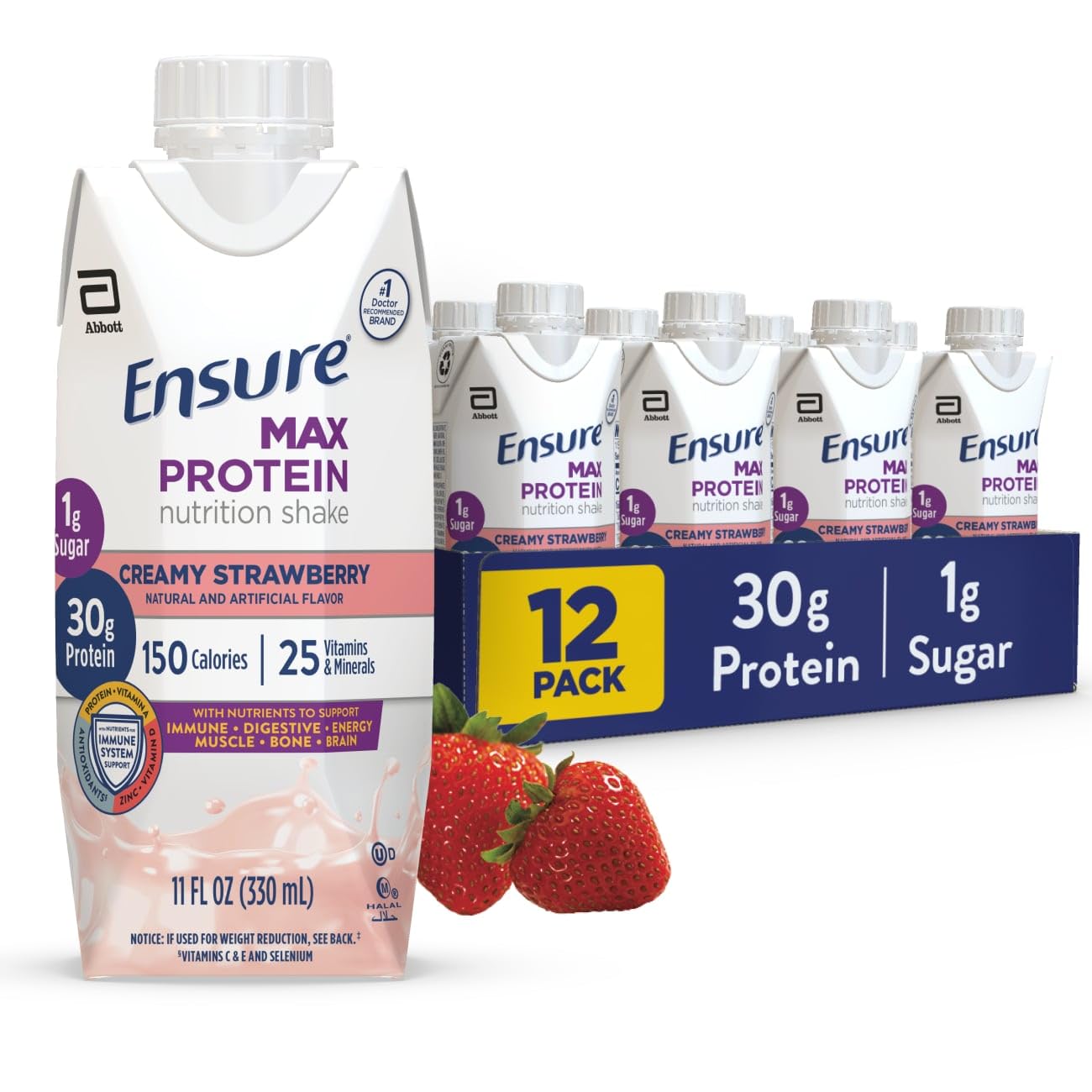 Ensure Max Protein French Vanilla Shake, 30g High Protein, 12 Pack | 30g Protein to Support Muscle Health & Manage Hunger for Adults, Each Protein Shake has 1g Sugar, 150 Calories, 4g Fiber