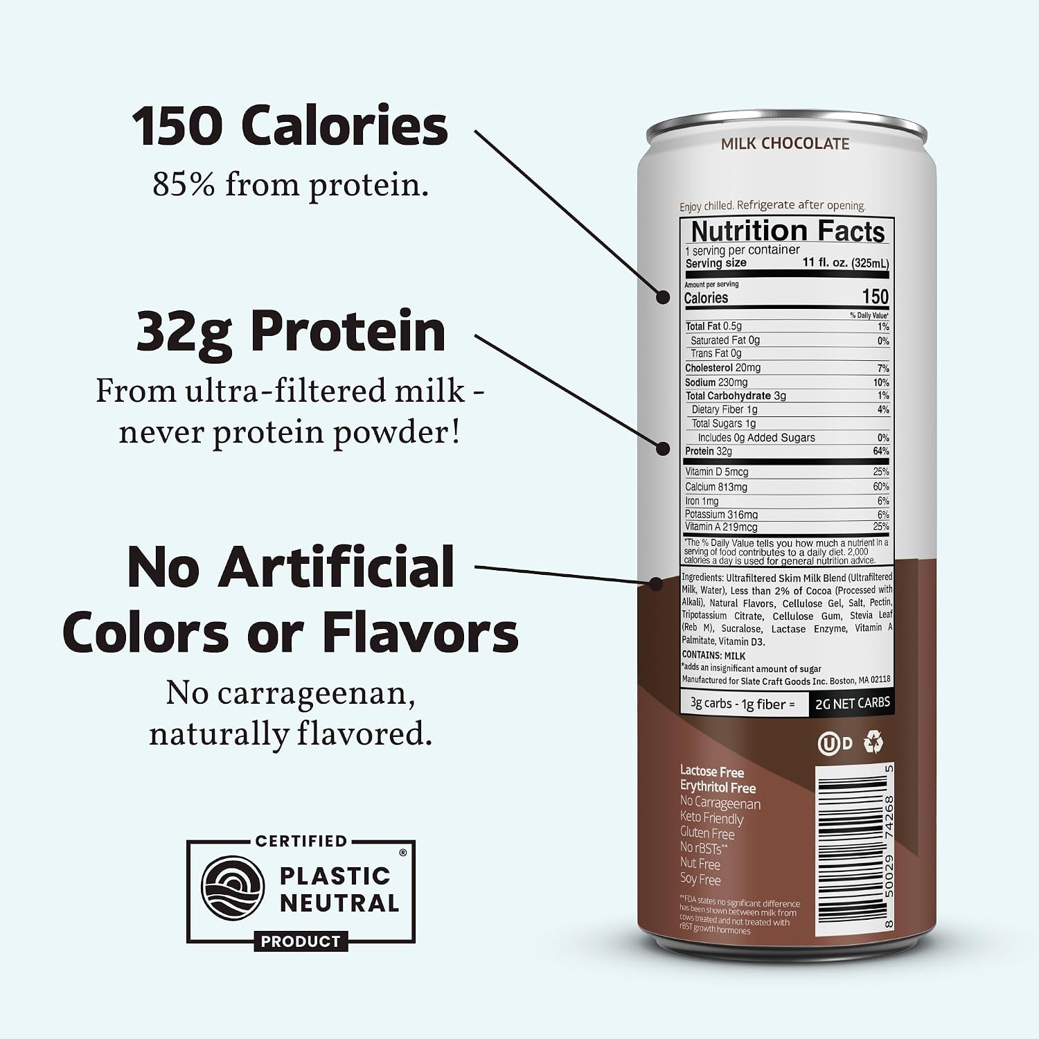 Slate Milk - High Protein Nutrition Shake - Milk Chocolate - 32g Protein, 1g Sugar, 150 Calories, 2g Net Carbs - Lactose Free - No Added Sugar - Breakfast Boost, Post Workout - 11 fl oz, 12 Cans