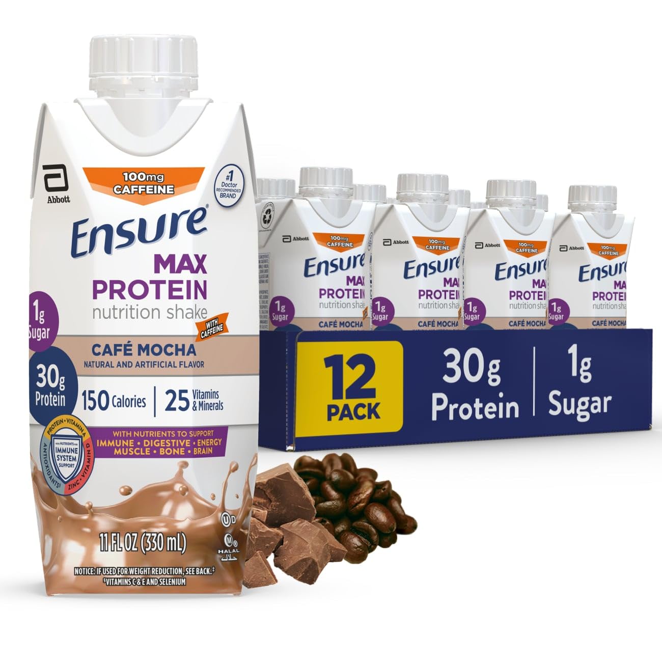 Ensure Max Protein French Vanilla Shake, 30g High Protein, 12 Pack | 30g Protein to Support Muscle Health & Manage Hunger for Adults, Each Protein Shake has 1g Sugar, 150 Calories, 4g Fiber