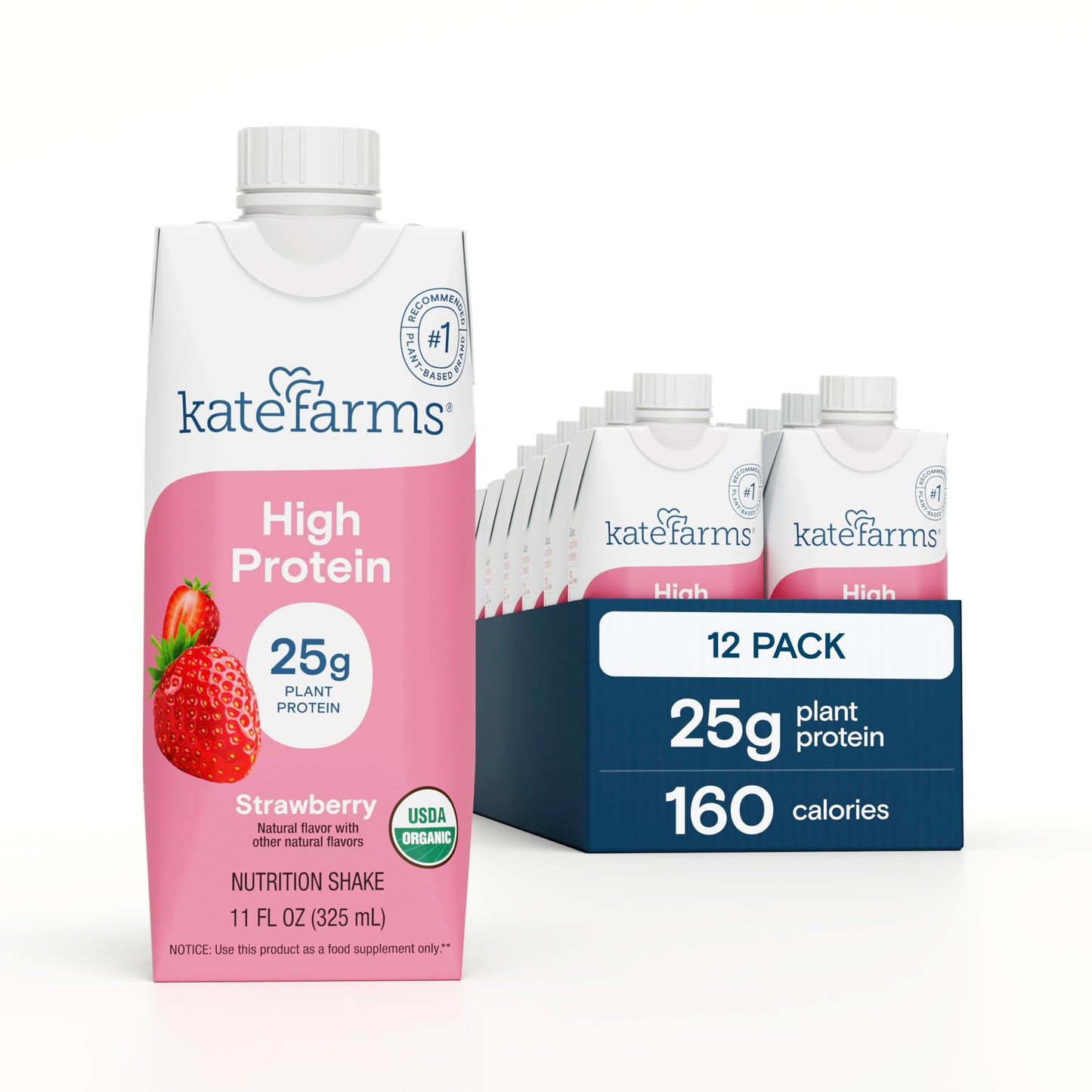 KATE FARMS Organic High Protein Chocolate Shake, 25g Protein, 12 Pack | High-protein organic shake with 25g protein, 6g fiber, 27 vitamins & minerals, and 0g sugar.