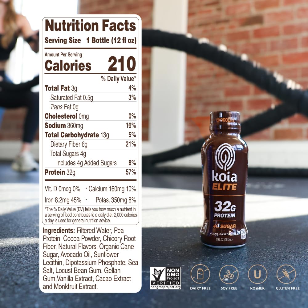Koia Elite Plant Based Protein Shake, Chocolate, 32g Protein, 4g Sugar, 6g Prebiotic Fiber, Pre & Post Workout Nutritional Drink, No Seed Oils, Dairy-Free, Gluten-Free, Non-GMO, 12 Fl Oz (Pack of 12)