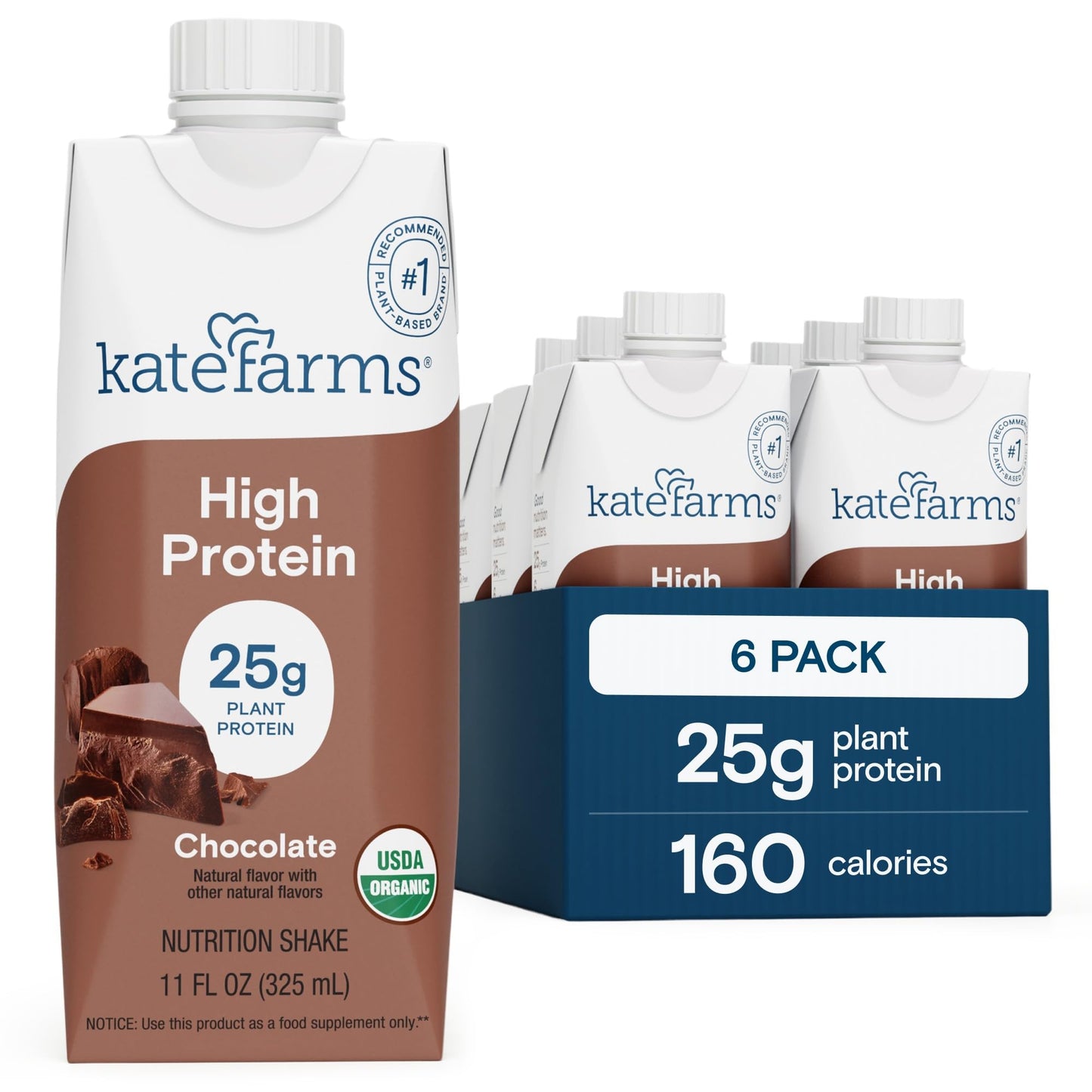 KATE FARMS Organic High Protein Chocolate Shake, 25g Protein, 12 Pack | High-protein organic shake with 25g protein, 6g fiber, 27 vitamins & minerals, and 0g sugar.