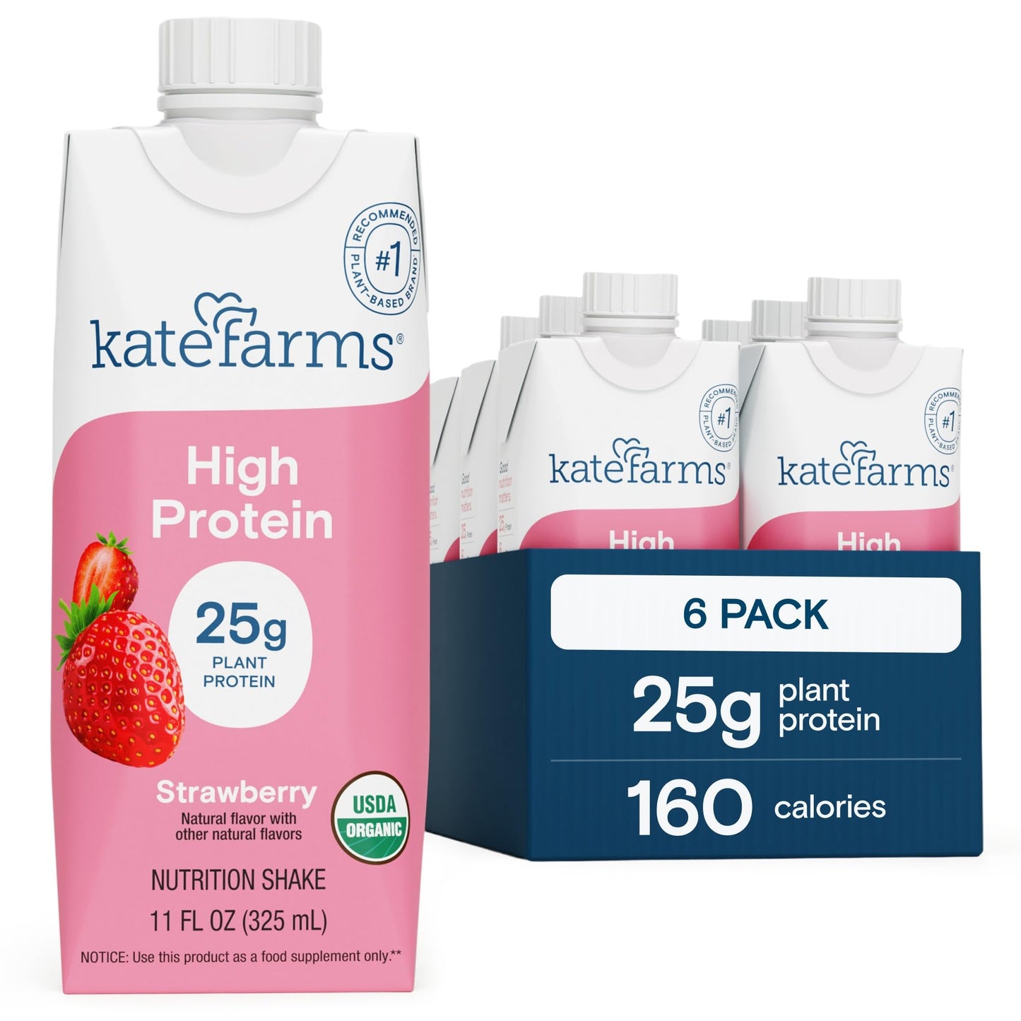 KATE FARMS Organic High Protein Chocolate Shake, 25g Protein, 12 Pack | High-protein organic shake with 25g protein, 6g fiber, 27 vitamins & minerals, and 0g sugar.