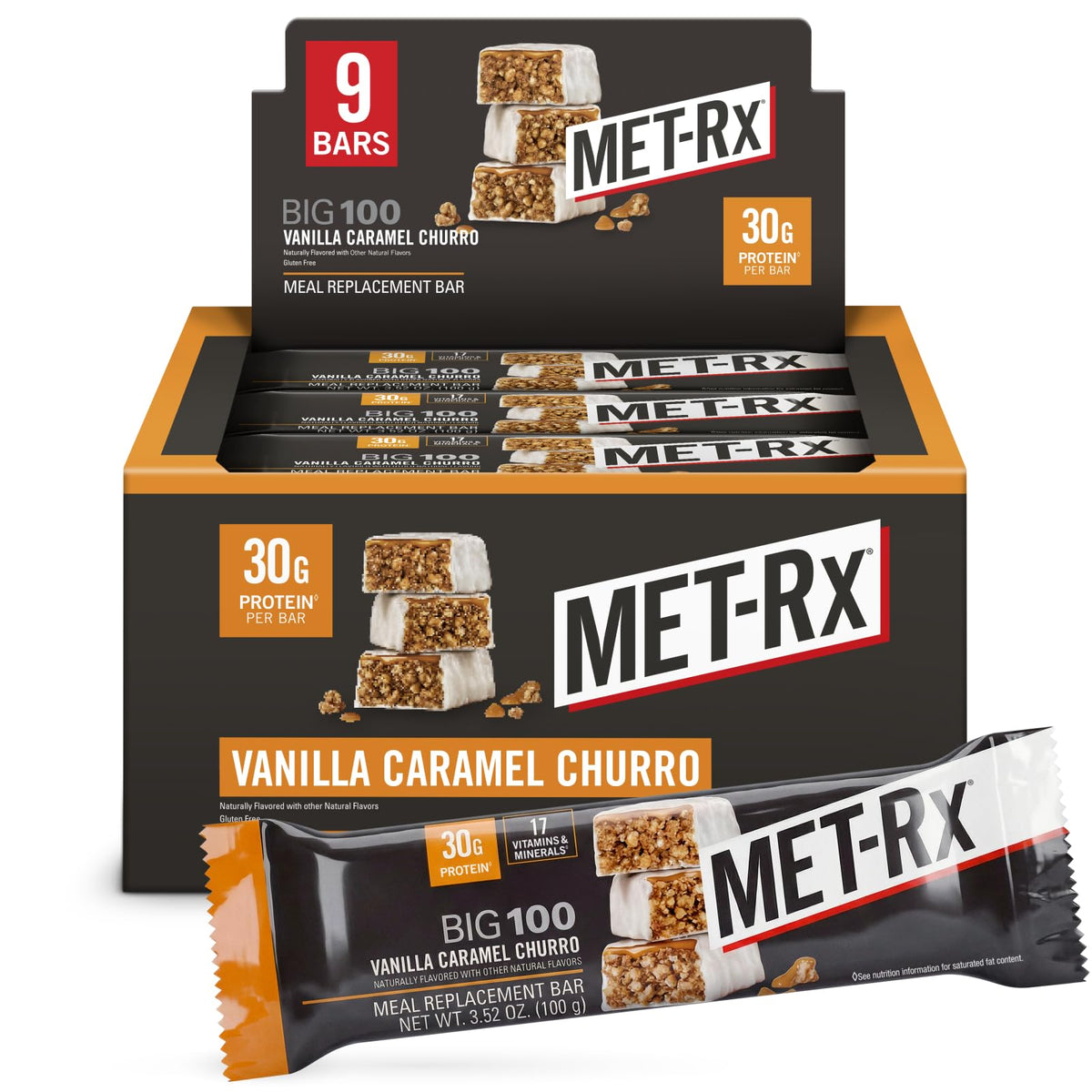 MET-Rx Big 100 Protein Bar, Super Cookie Crunch, 32g Protein, 9 Ct | Great as Healthy Meal Replacement, Snack, and Help Support Energy, With Vitamin A, Vitamin C, and Zinc