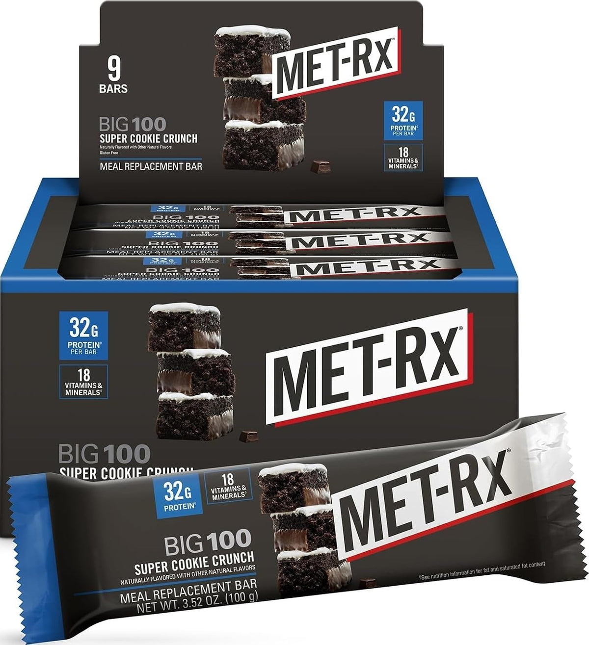 MET-Rx Big 100 Protein Bar, Super Cookie Crunch, 32g Protein, 9 Ct | Great as Healthy Meal Replacement, Snack, and Help Support Energy, With Vitamin A, Vitamin C, and Zinc