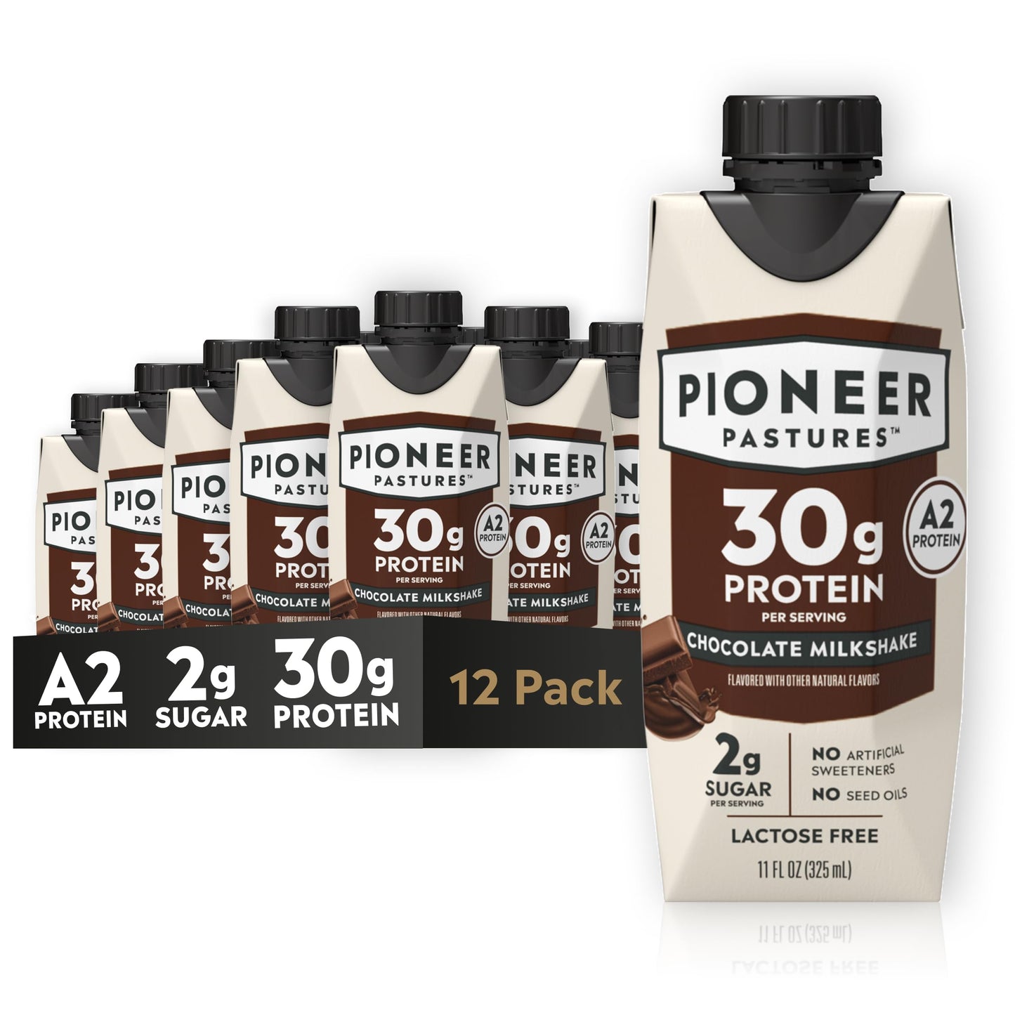 Pioneer Pastures Protein A2 Milkshakes, Strawberries & Cream, 11oz, 12 Pack | A2 Protein Shake, 30g Protein, Ultra-Filtered, Lactose Free, 2g Sugar, No Seed Oils, No Artificial Sweeteners