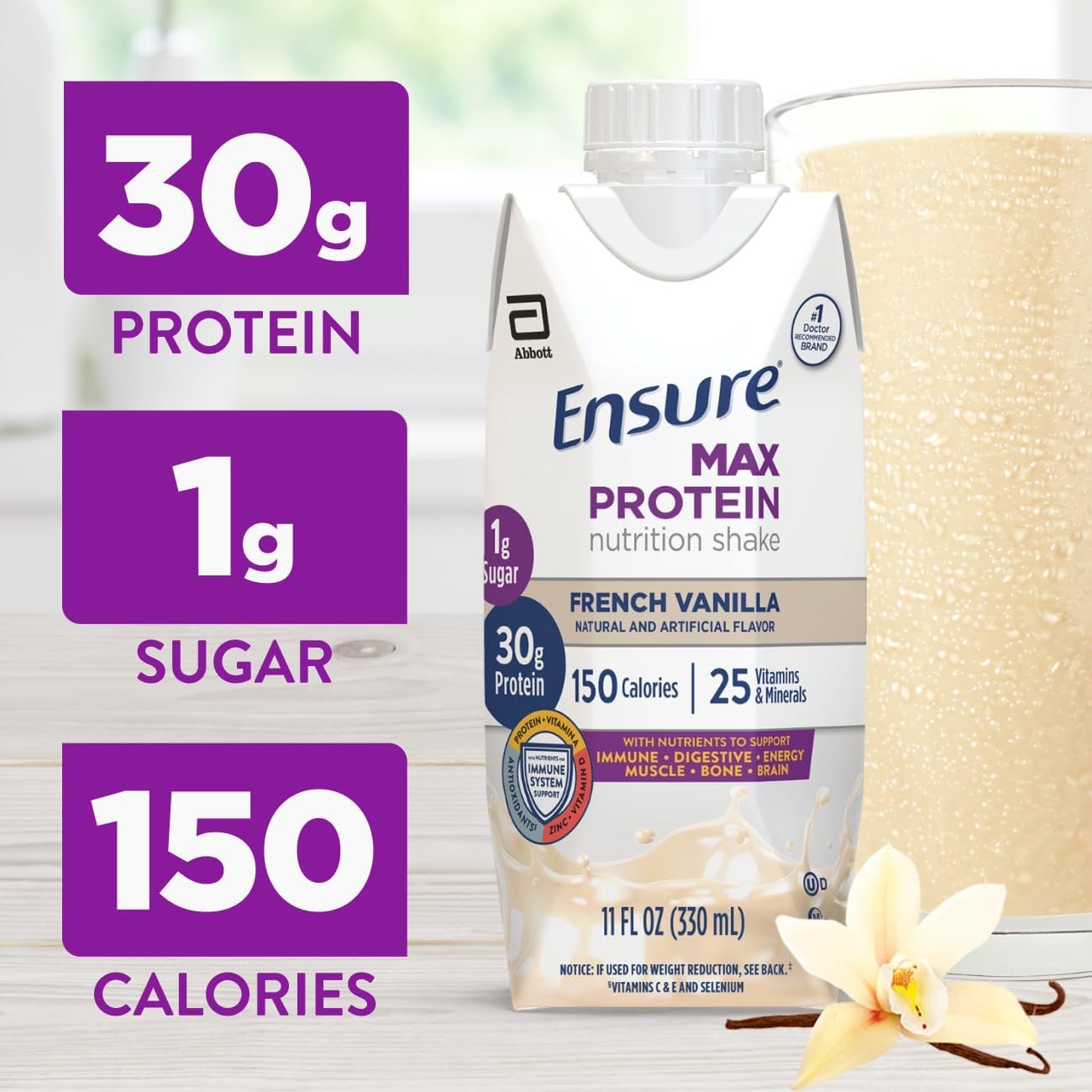 Ensure Max Protein French Vanilla Shake, 30g High Protein, 12 Pack | 30g Protein to Support Muscle Health & Manage Hunger for Adults, Each Protein Shake has 1g Sugar, 150 Calories, 4g Fiber