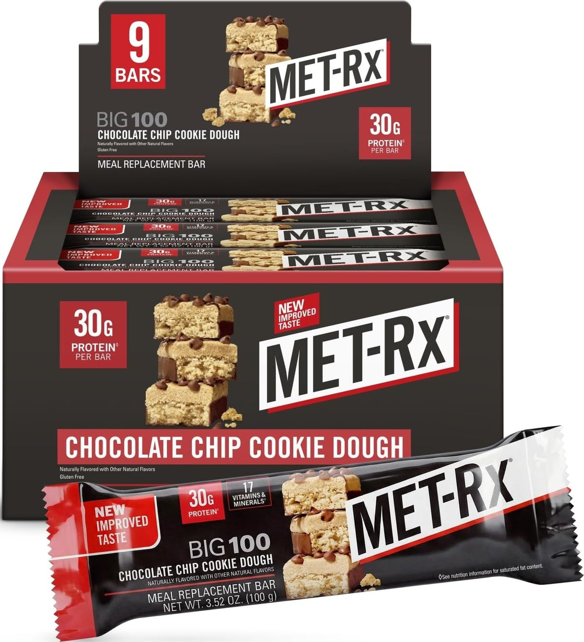 MET-Rx Big 100 Protein Bar, Super Cookie Crunch, 32g Protein, 9 Ct | Great as Healthy Meal Replacement, Snack, and Help Support Energy, With Vitamin A, Vitamin C, and Zinc