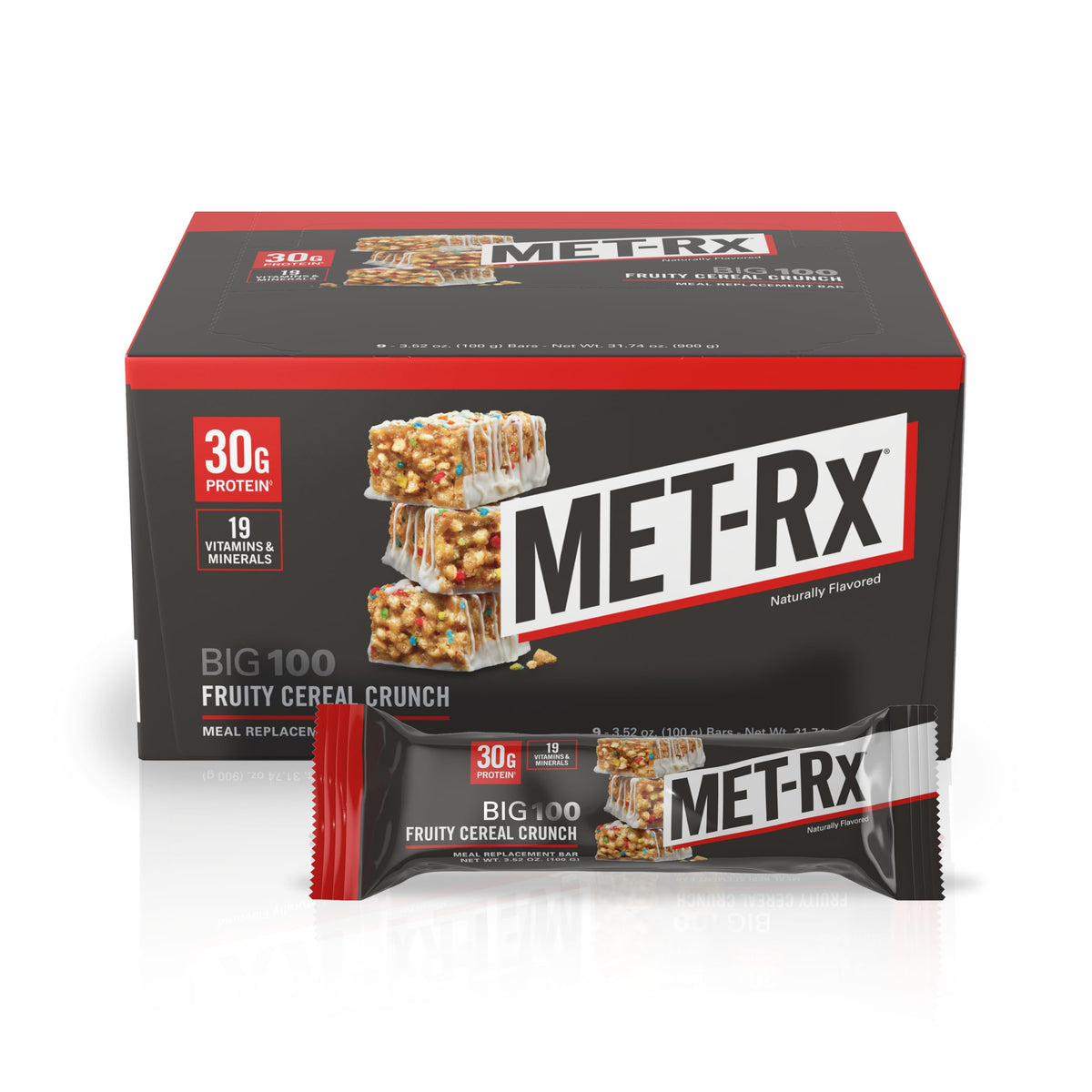 MET-Rx Big 100 Protein Bar, Super Cookie Crunch, 32g Protein, 9 Ct | Great as Healthy Meal Replacement, Snack, and Help Support Energy, With Vitamin A, Vitamin C, and Zinc