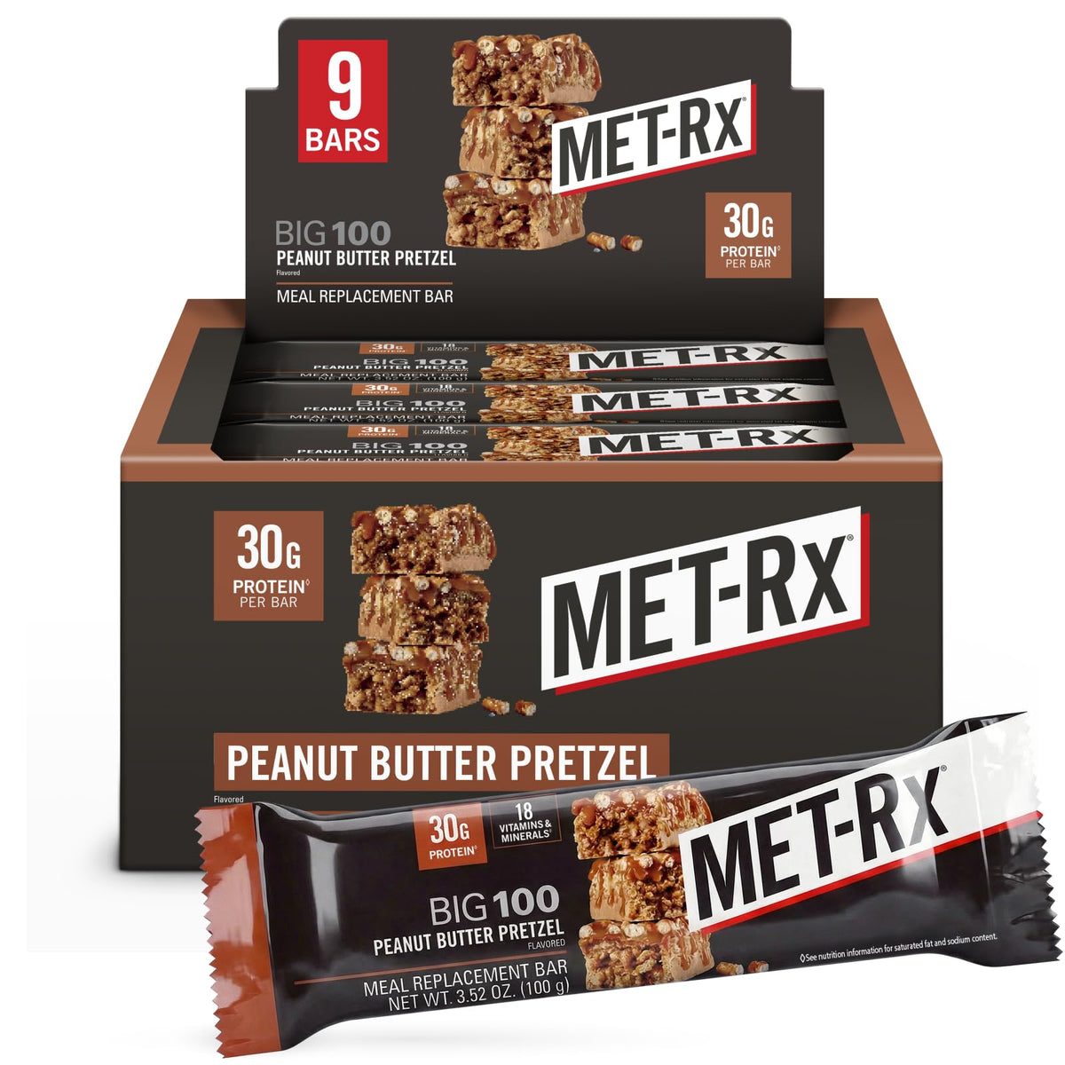 MET-Rx Big 100 Protein Bar, Super Cookie Crunch, 32g Protein, 9 Ct | Great as Healthy Meal Replacement, Snack, and Help Support Energy, With Vitamin A, Vitamin C, and Zinc