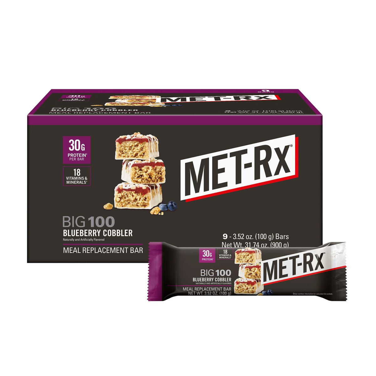 MET-Rx Big 100 Protein Bar, Super Cookie Crunch, 32g Protein, 9 Ct | Great as Healthy Meal Replacement, Snack, and Help Support Energy, With Vitamin A, Vitamin C, and Zinc