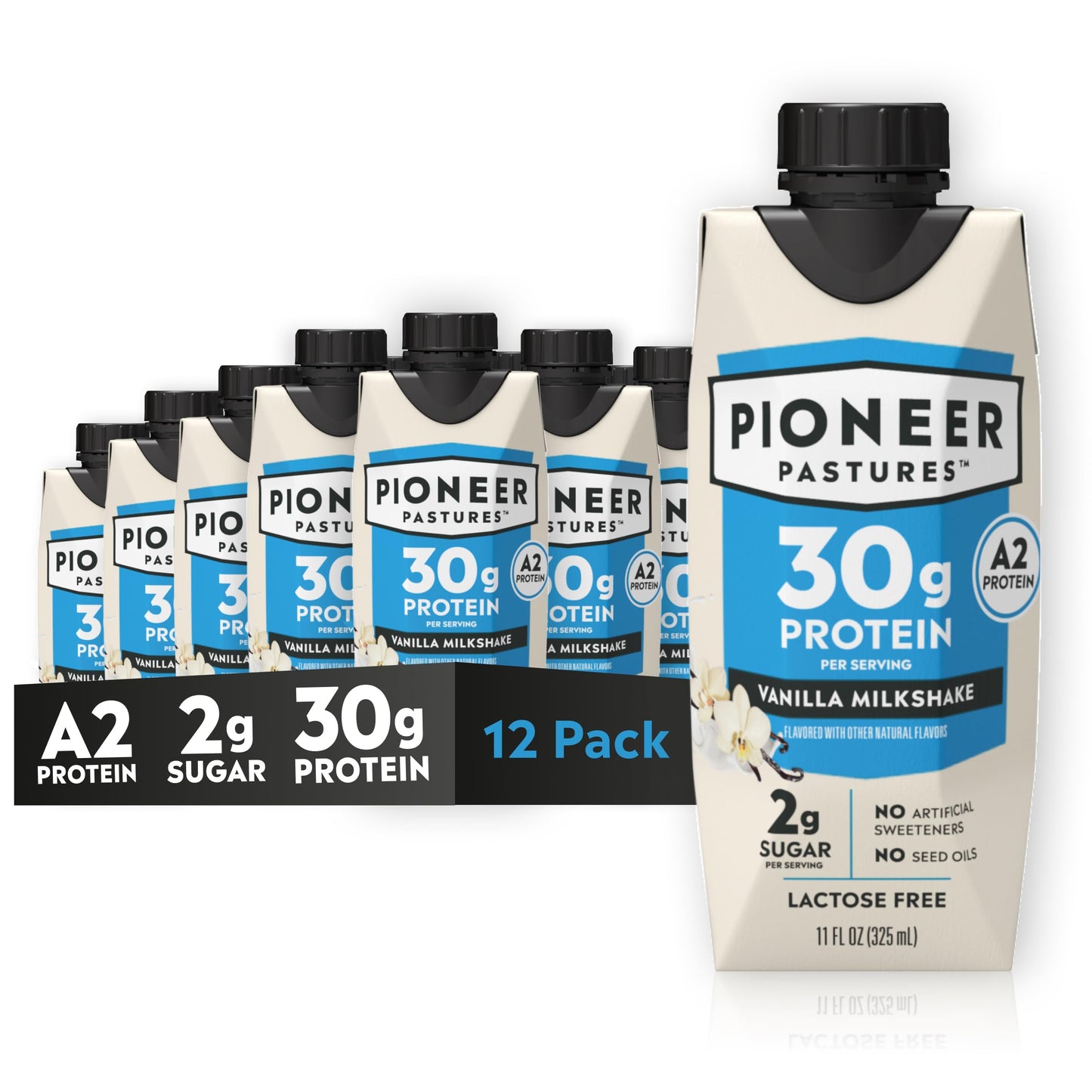 Pioneer Pastures Protein A2 Milkshakes, Strawberries & Cream, 11oz, 12 Pack | A2 Protein Shake, 30g Protein, Ultra-Filtered, Lactose Free, 2g Sugar, No Seed Oils, No Artificial Sweeteners