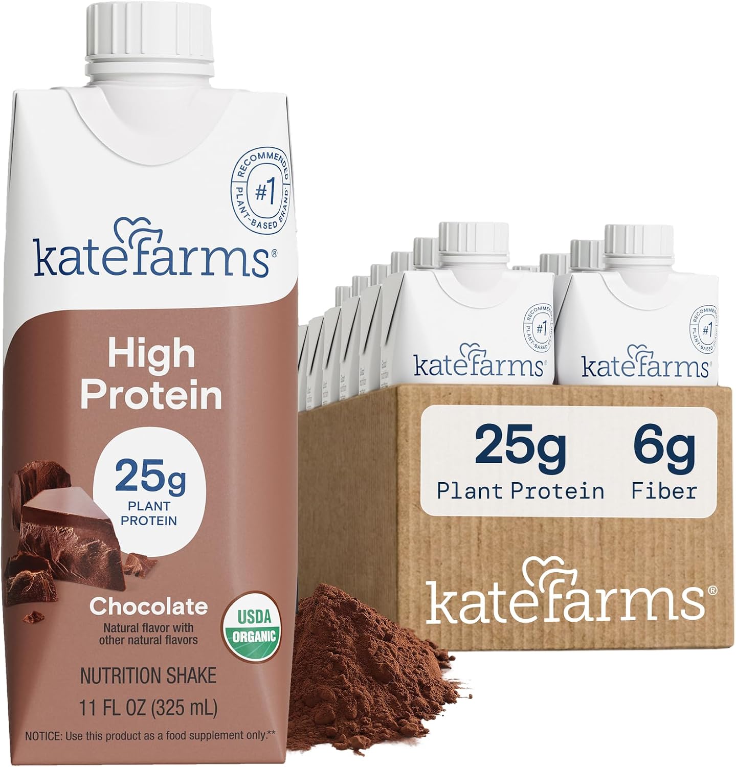 KATE FARMS Organic High Protein Chocolate Shake, 25g Protein, 12 Pack | High-protein organic shake with 25g protein, 6g fiber, 27 vitamins & minerals, and 0g sugar.