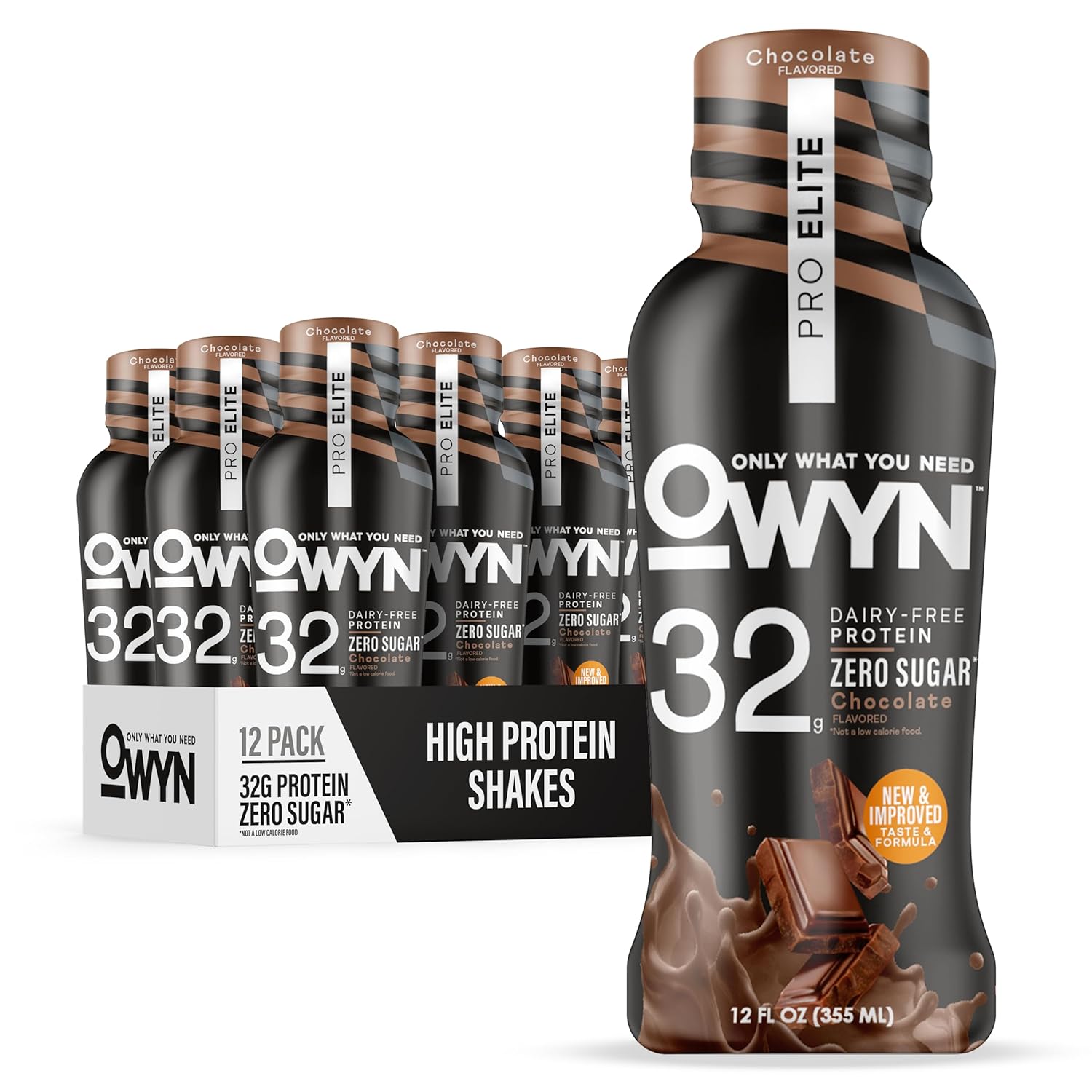 OWYN Only What You Need 32g Chocolate Flavored Protein Shake, 12 Ct | 32g Protein, Zero Sugar, 3g Fiber, Dairy Free, Plant Protein, Gluten Free, Individual 12fl oz Bottles