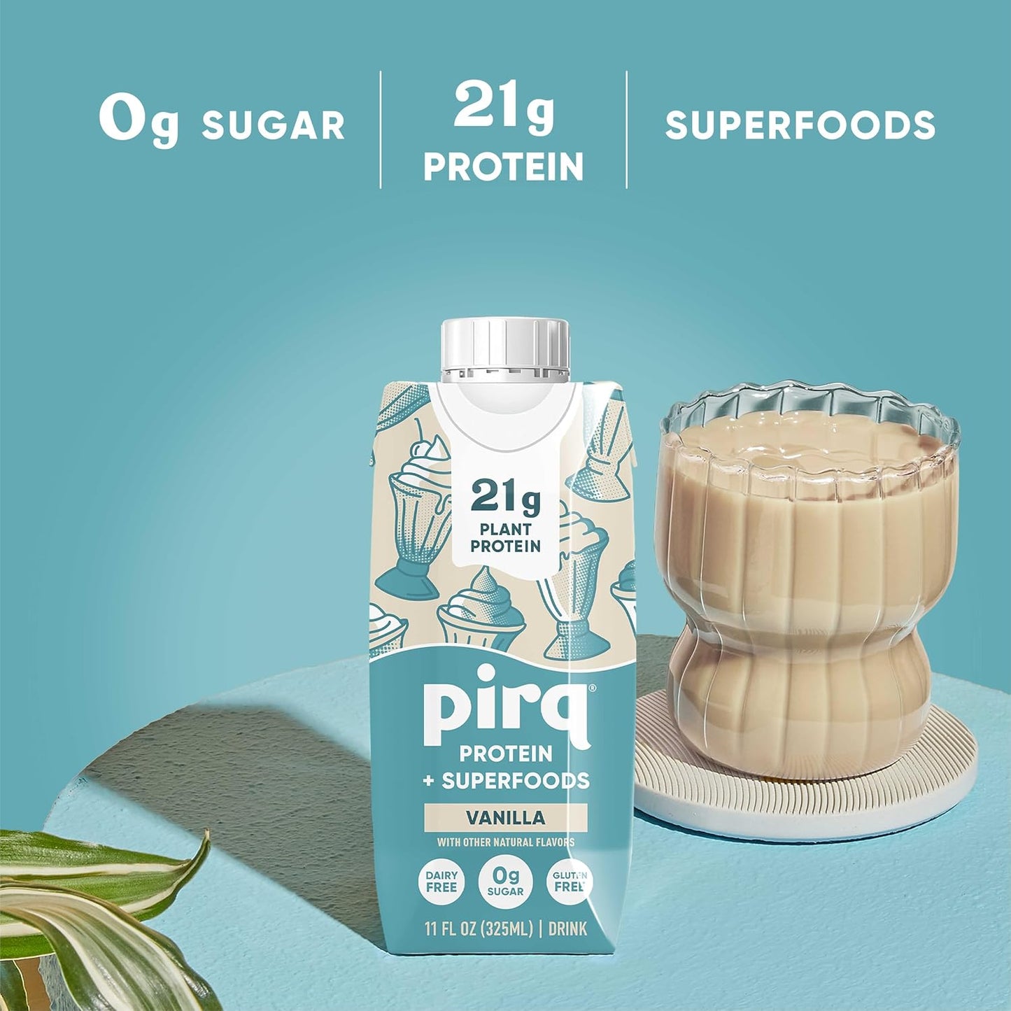 Pirq, 21g Dairy Free Protein Shake, 25 Superfoods, 0g Sugar, Plant-Based Protein Drink, Gluten-Free, Vegan, Kosher, Keto, Low Carb, Low Calorie (12 Pack) (Vanilla)