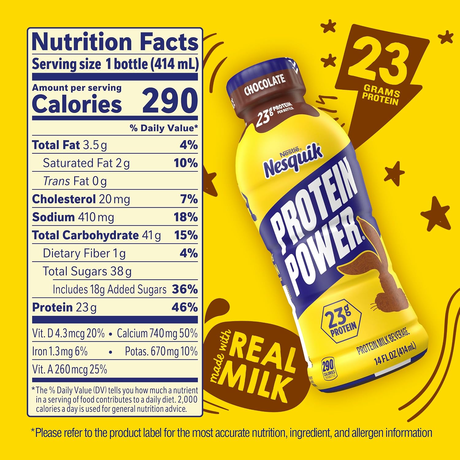 Nesquik Protein Power Chocolate Milk Drink, 14 Fl Oz, 12 Pack | Ready to drink protein chocolate milk; aseptic; 12 x 14 fl oz