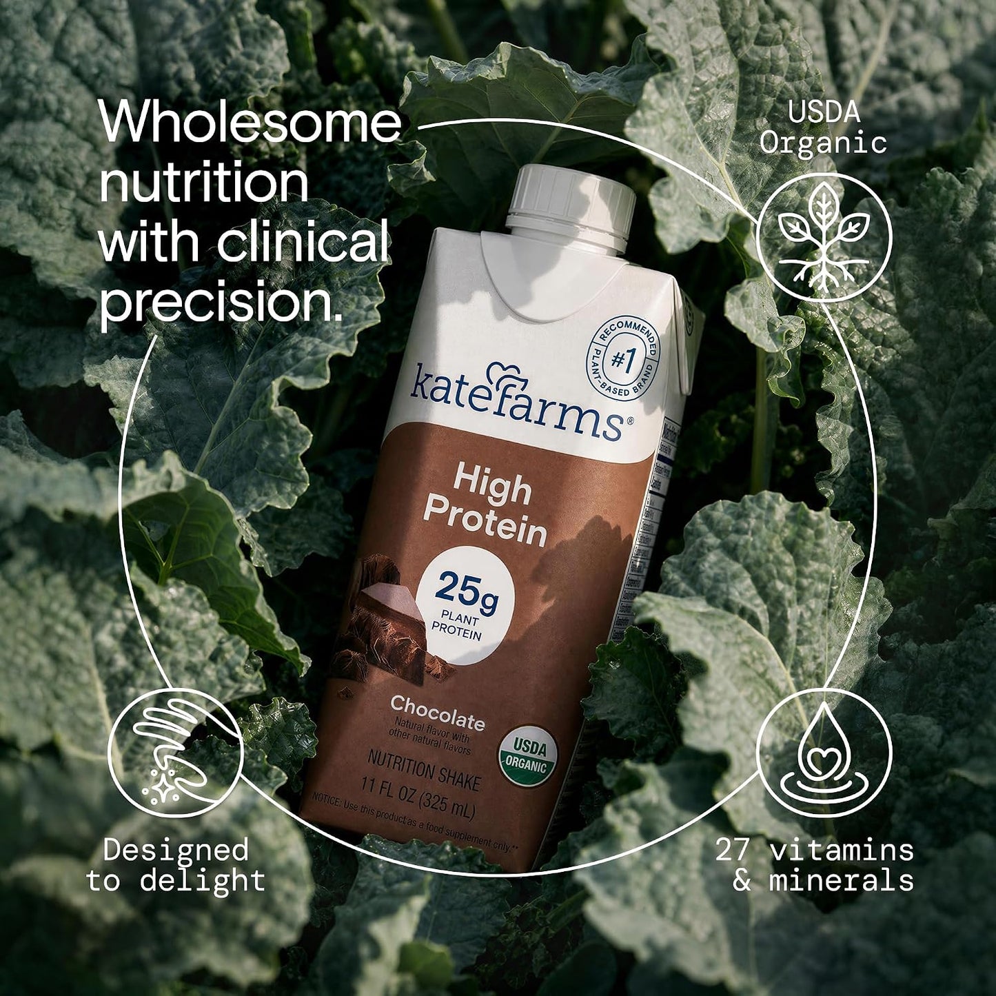 KATE FARMS Organic High Protein Chocolate Shake, 25g Protein, 12 Pack | High-protein organic shake with 25g protein, 6g fiber, 27 vitamins & minerals, and 0g sugar.