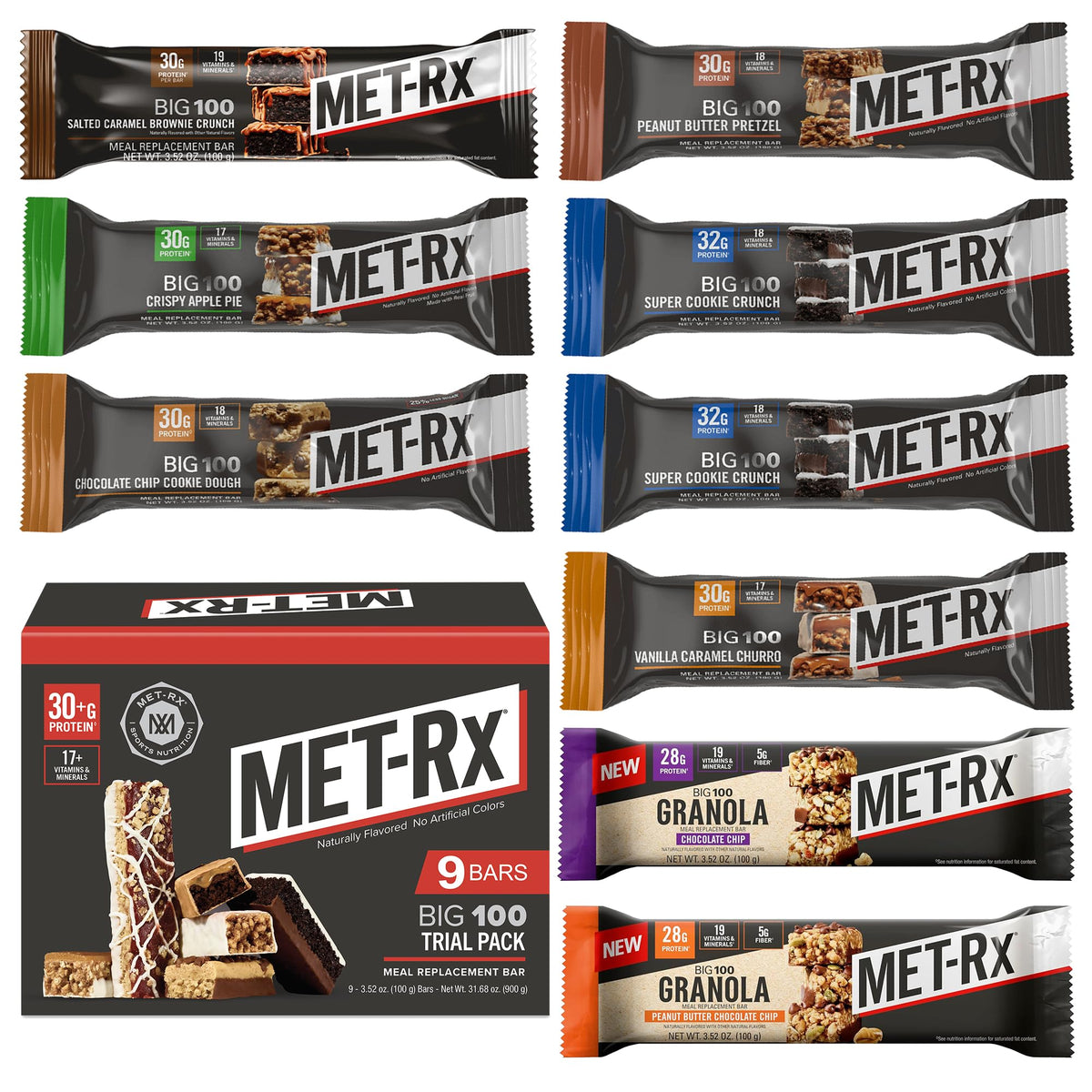 MET-Rx Big 100 Protein Bar, Super Cookie Crunch, 32g Protein, 9 Ct | Great as Healthy Meal Replacement, Snack, and Help Support Energy, With Vitamin A, Vitamin C, and Zinc