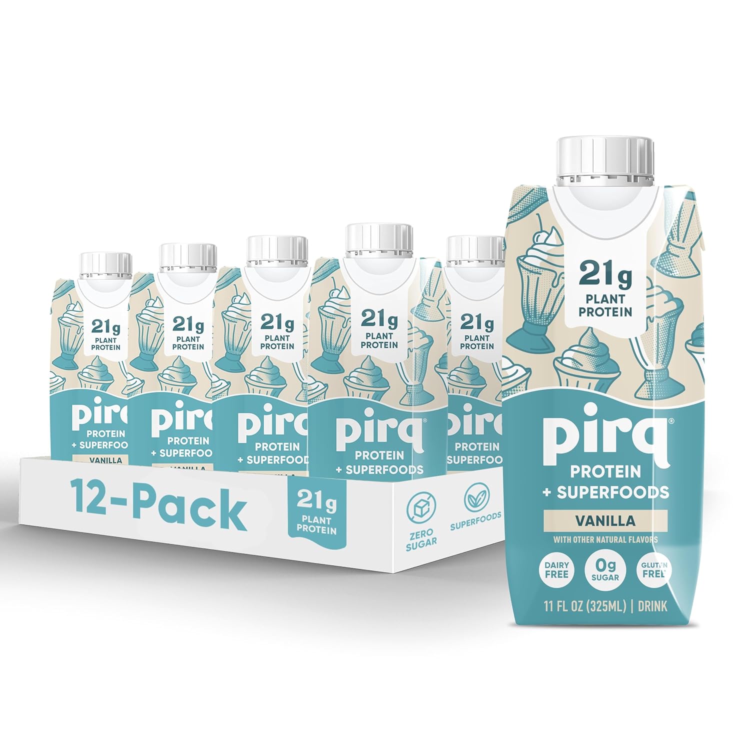 Pirq, 21g Dairy Free Protein Shake, 25 Superfoods, 0g Sugar, Plant-Based Protein Drink, Gluten-Free, Vegan, Kosher, Keto, Low Carb, Low Calorie (12 Pack) (Vanilla)