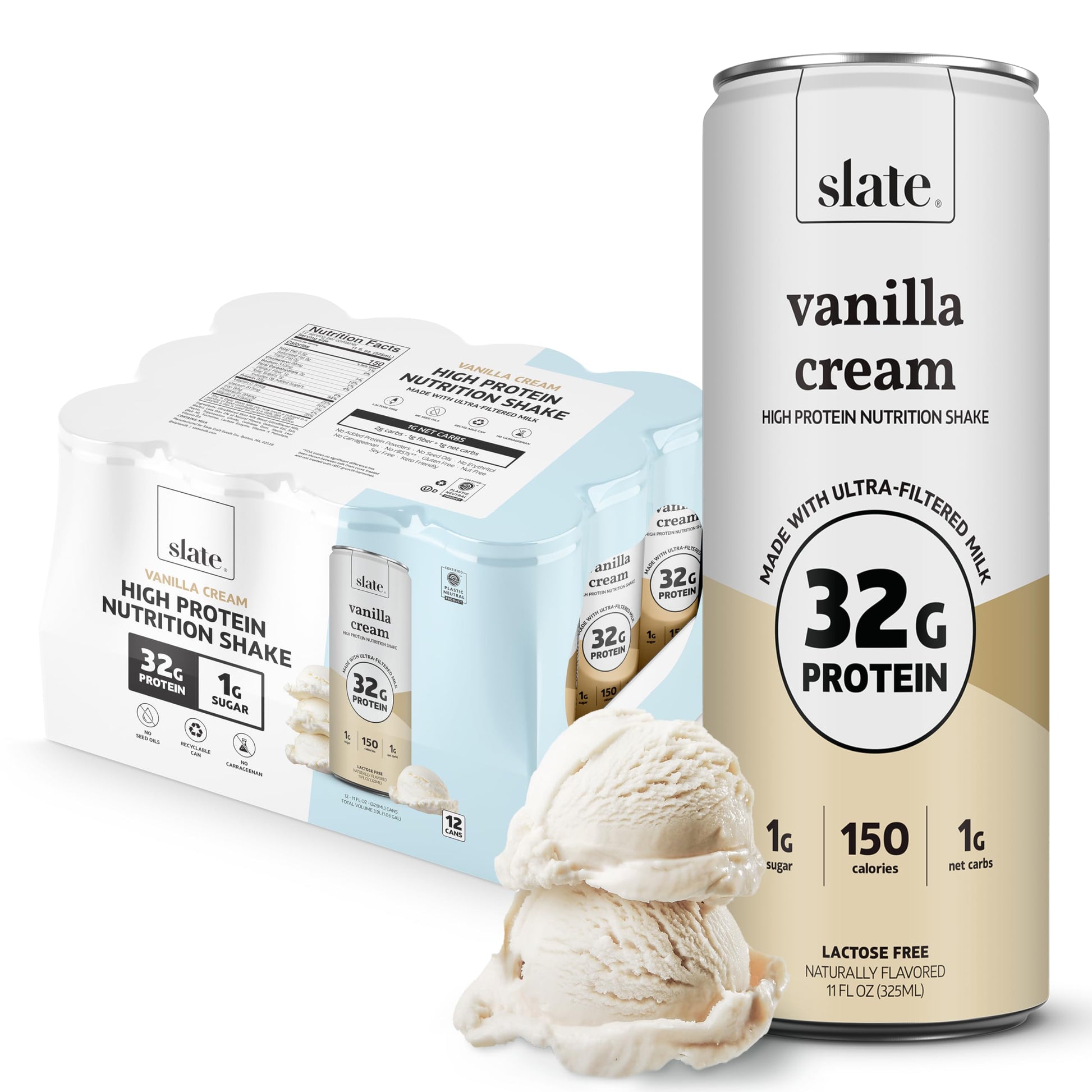 Slate Milk - High Protein Nutrition Shake - Milk Chocolate - 32g Protein, 1g Sugar, 150 Calories, 2g Net Carbs - Lactose Free - No Added Sugar - Breakfast Boost, Post Workout - 11 fl oz, 12 Cans