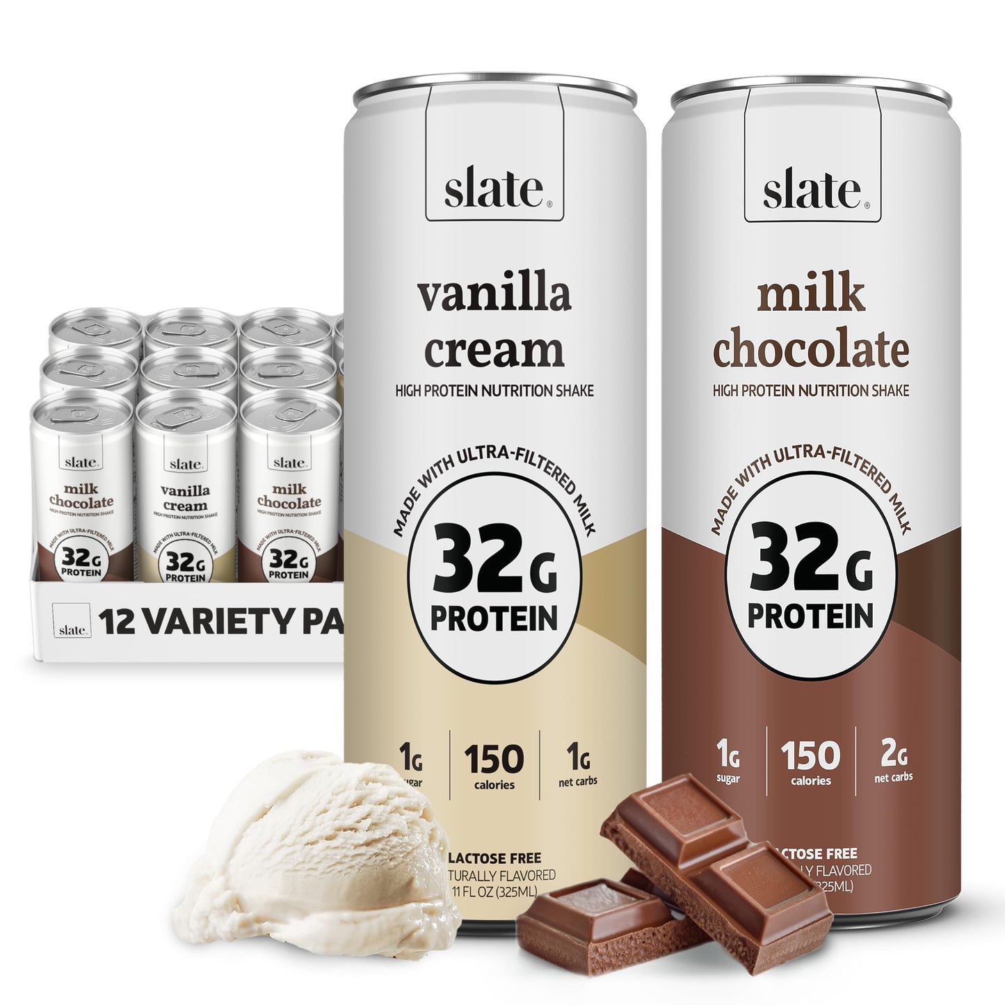 Slate Milk - High Protein Nutrition Shake - Milk Chocolate - 32g Protein, 1g Sugar, 150 Calories, 2g Net Carbs - Lactose Free - No Added Sugar - Breakfast Boost, Post Workout - 11 fl oz, 12 Cans