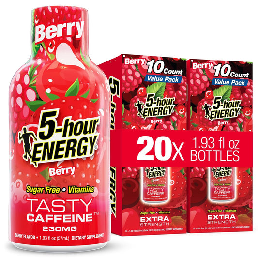 5-hour ENERGY BERRY Flavor, 20 Count, Extra Strength Energy Shot | 1.93 Fl Oz, Amino Acids, B Vitamins, Sugar Free and Zero Calories