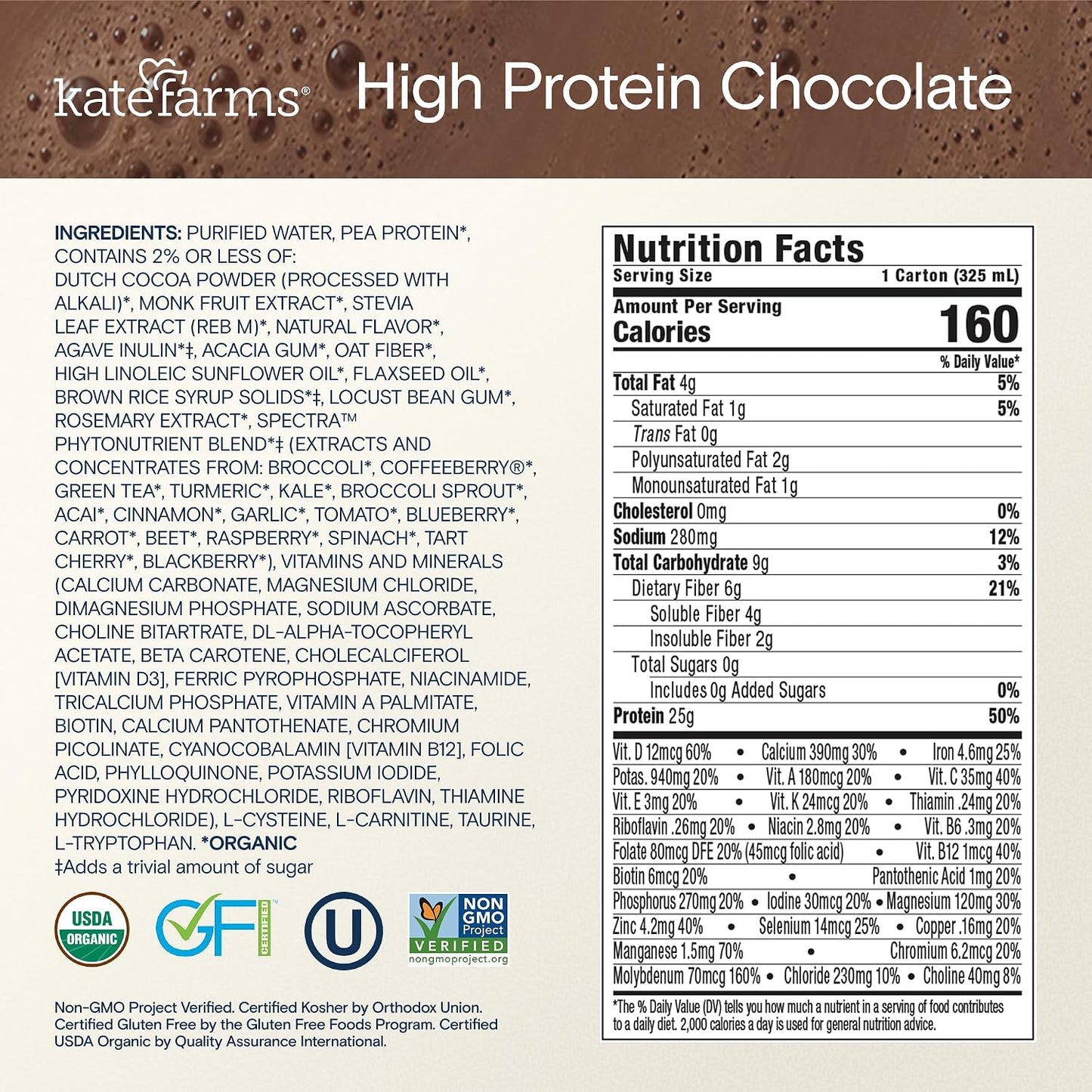 KATE FARMS Organic High Protein Chocolate Shake, 25g Protein, 12 Pack | High-protein organic shake with 25g protein, 6g fiber, 27 vitamins & minerals, and 0g sugar.