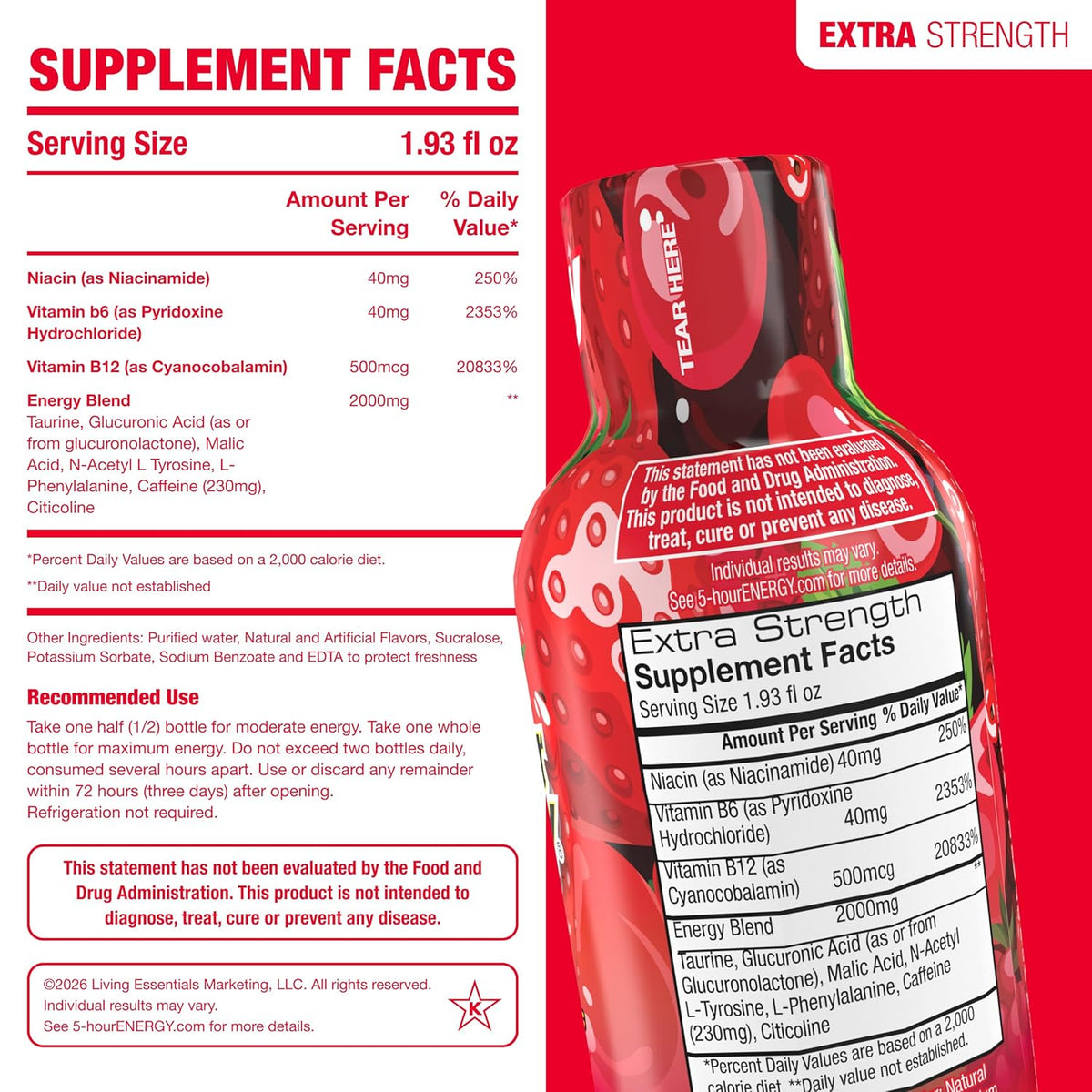 5-hour ENERGY BERRY Flavor, 20 Count, Extra Strength Energy Shot | 1.93 Fl Oz, Amino Acids, B Vitamins, Sugar Free and Zero Calories